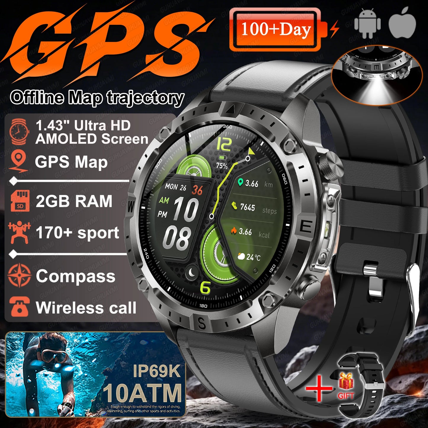 2026 NEW Outdoors Offline Map GPS Smart Watch L1+L2 Dual Band GPS Compass Cycling Run Swim Heart Rate 10ATM Military Smartwatchs