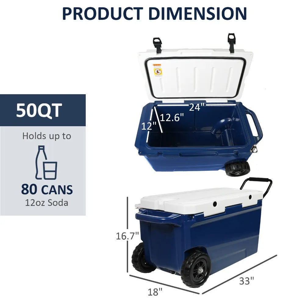 VILOBOS 50 Qt Portable Cooler Box Wheeled Ice Chest Camping Fishing BBQ Picnic