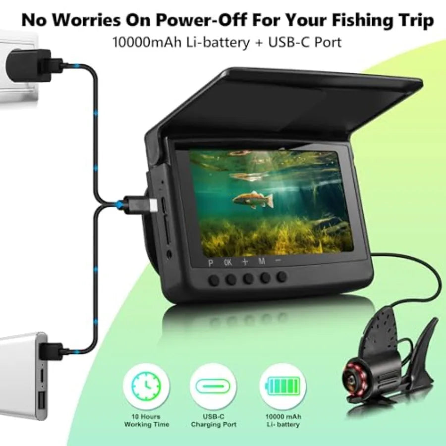 2026 NEW Audio+Video Record HD1080P Ice Fishing Camera w/DVR 32GB, 10000mAh, 5'' OLED, IR, Portable Underwater Fish Finder for