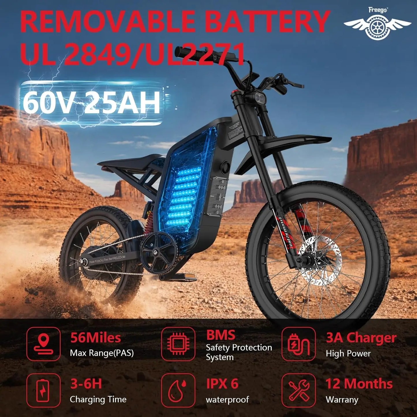 New Freego X1 All-Terrain Electric Dirt Bikes with Pedals 3000W Motor 60V/25Ah Battery Max 37MPH electric bicycle 17x1.6'' Tire