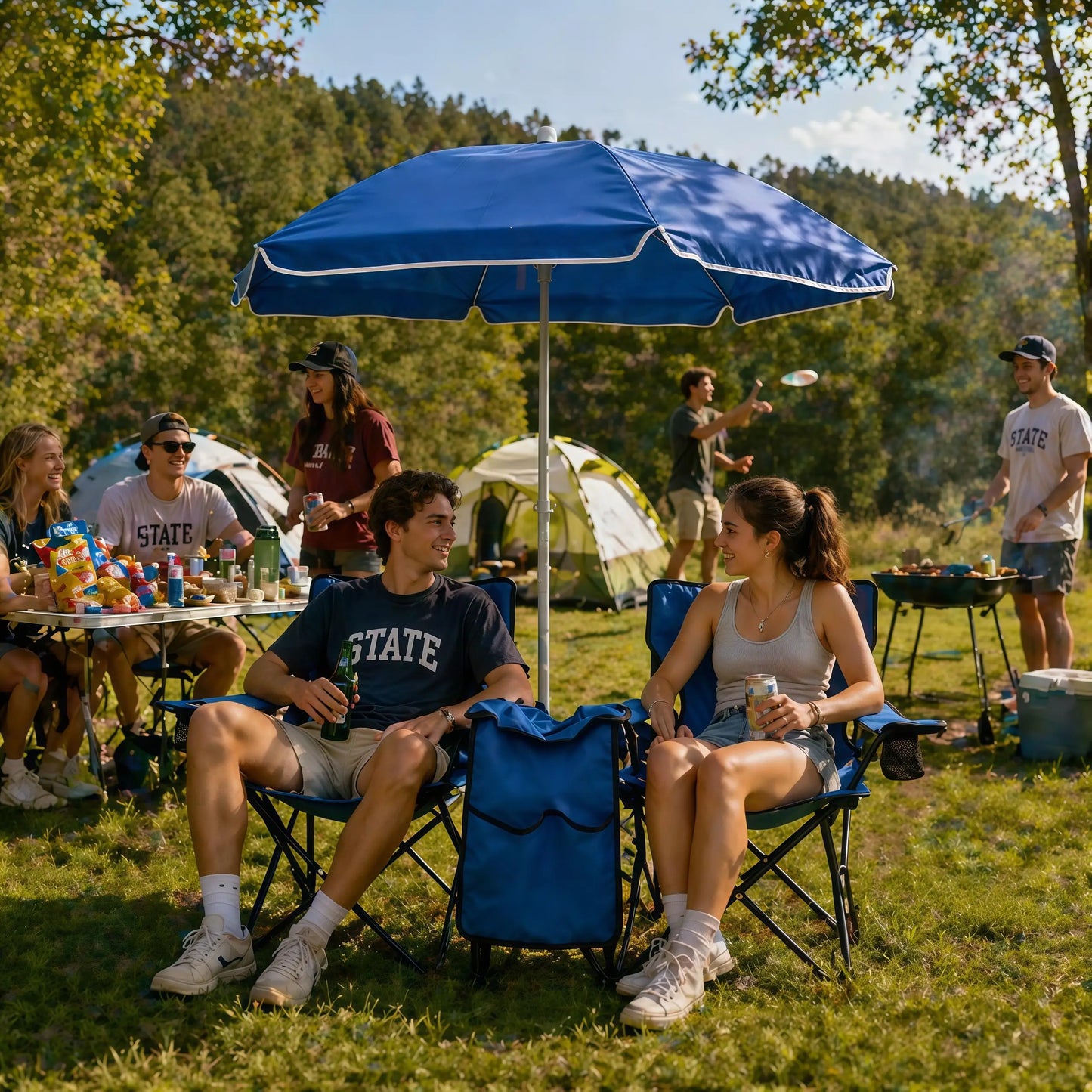 Portable Folding 2-Person Beach Chair Set with Tilt Umbrella and Insulated Cooler for Camping Picnic