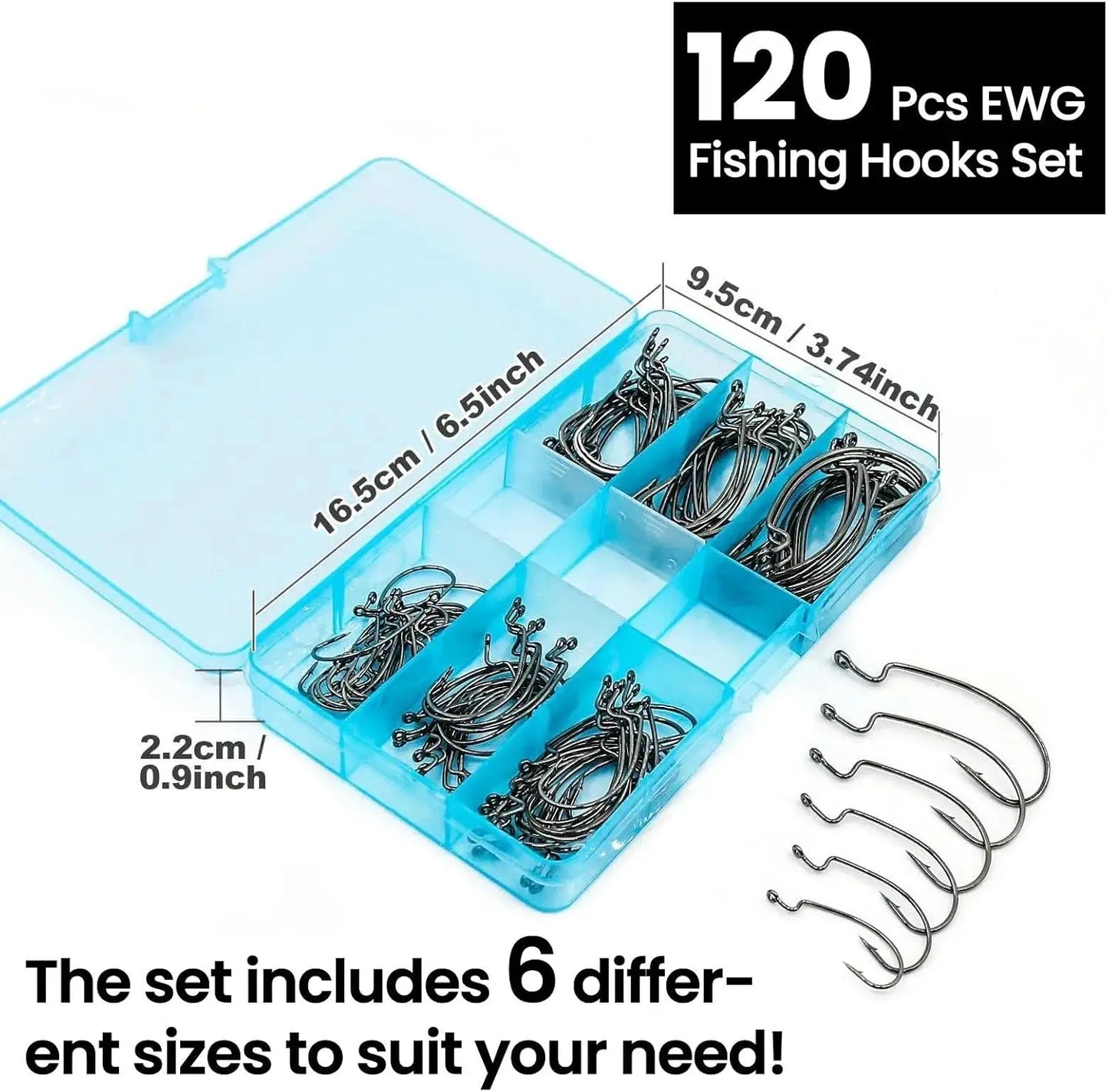 50/100/120pcs EWG Fishing Hooks, Bass Offset Worm Hooks for Freshwater Saltwater Sizes 4-5/0