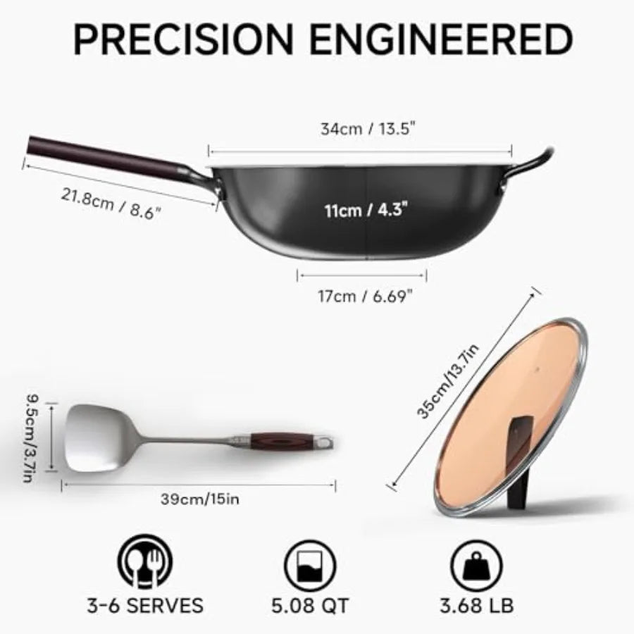 13.5" Carbon Steel Wok Pan - Pre-Seasoned Flat Bottom Woks and Stir-fry Pans Chinese Cookware with Lid and Spatula - For Pan-fr