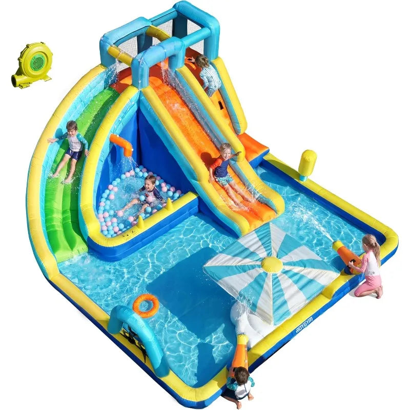 Inflatable Water Park for Kids, 16.4 ft × 14.1 ft Large Backyard Water Slides with Dual Slides, Dual Water Guns & Climbing Wall
