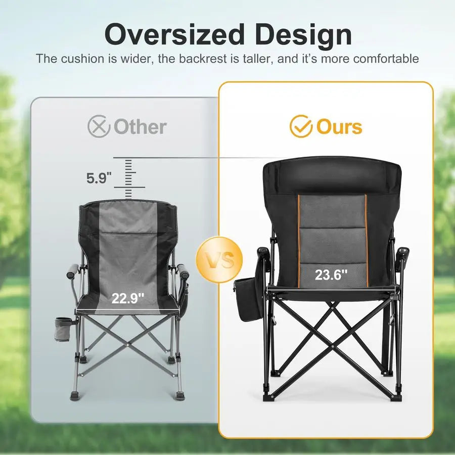 CAMP Oversized Camping Chairs 29.52 High Back Heavy Duty Lawn Chair Support 500LBS, Portable Collapsible Chair with Cup Holder,