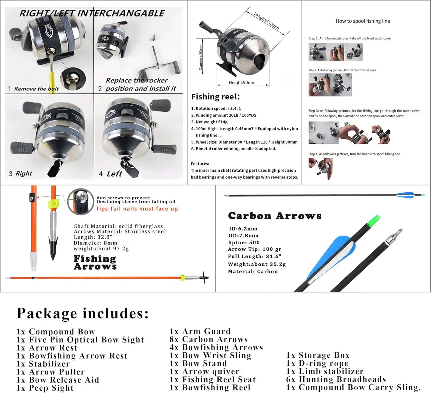 Archery Bowfishing Compound Bow Kit Ready to Fish Kit with Bowfishing Reel, Bow Fishing Arrows Right & Left Handed for Adult/You