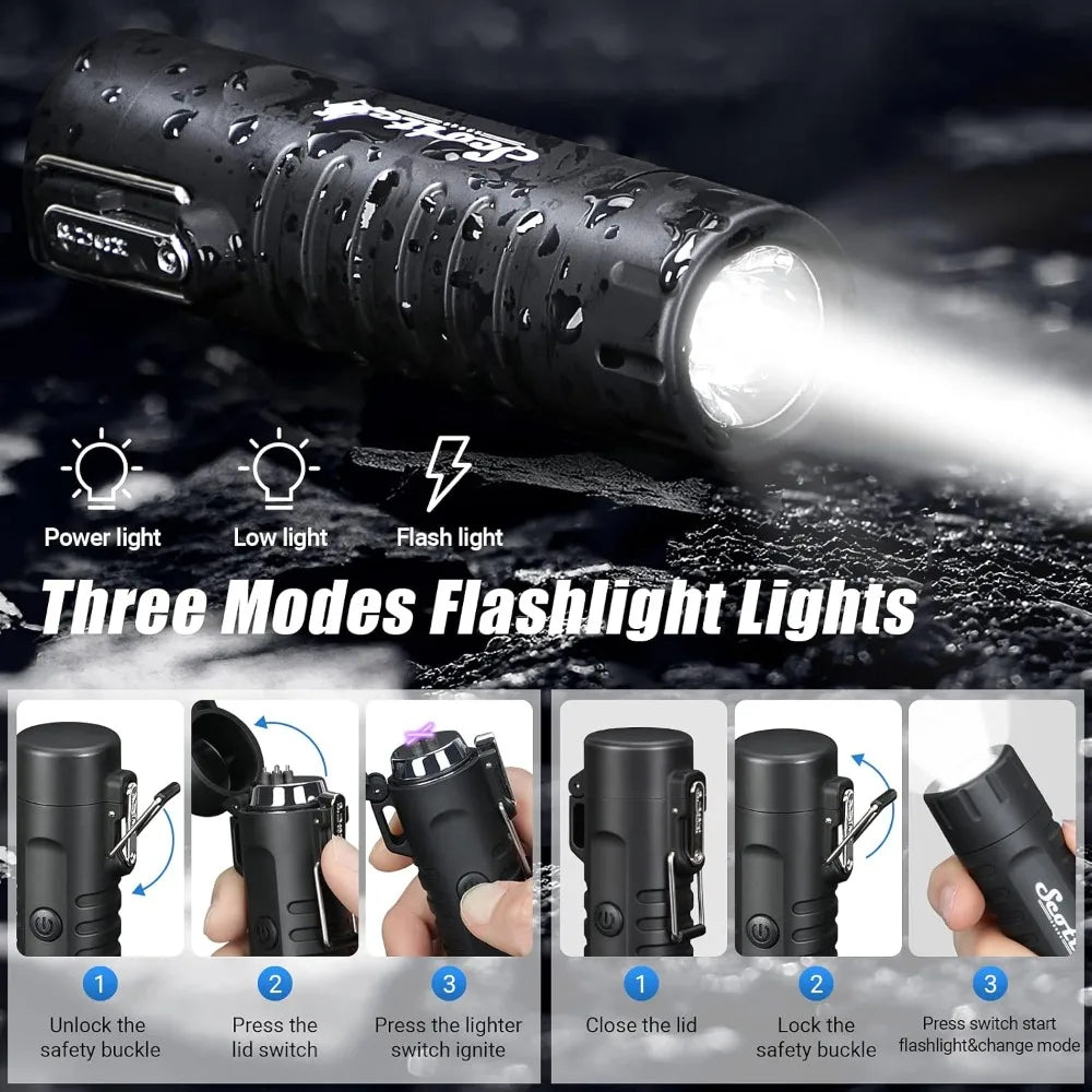 2-in-1 Plasma Lighter & LED Flashlight with 5-in-1 Fire Starter for Camping, Hiking, Survival