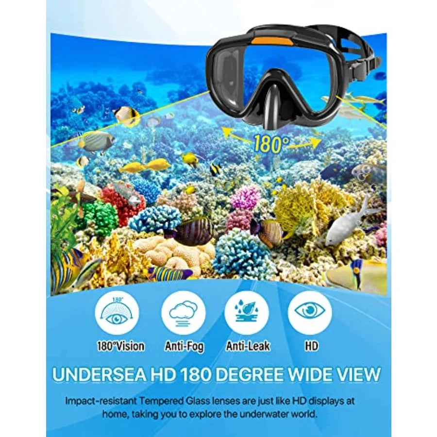 Snorkeling Gear for Adults Men Women, 4 in 1 Snorkel Set with Panoramic View Diving Mask Anti-Fog Anti-Leak, Dry Top Snorkel, F