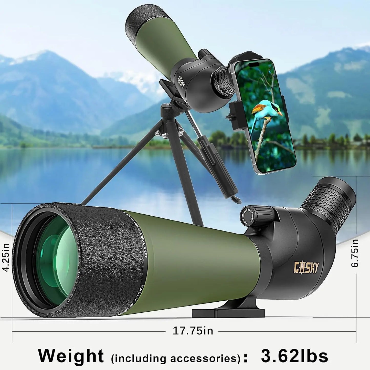 20-60x80 Spotting Scope with Tripod, Phone Adapter - BAK4 HD Waterproof for Bird Watching & Wildlife