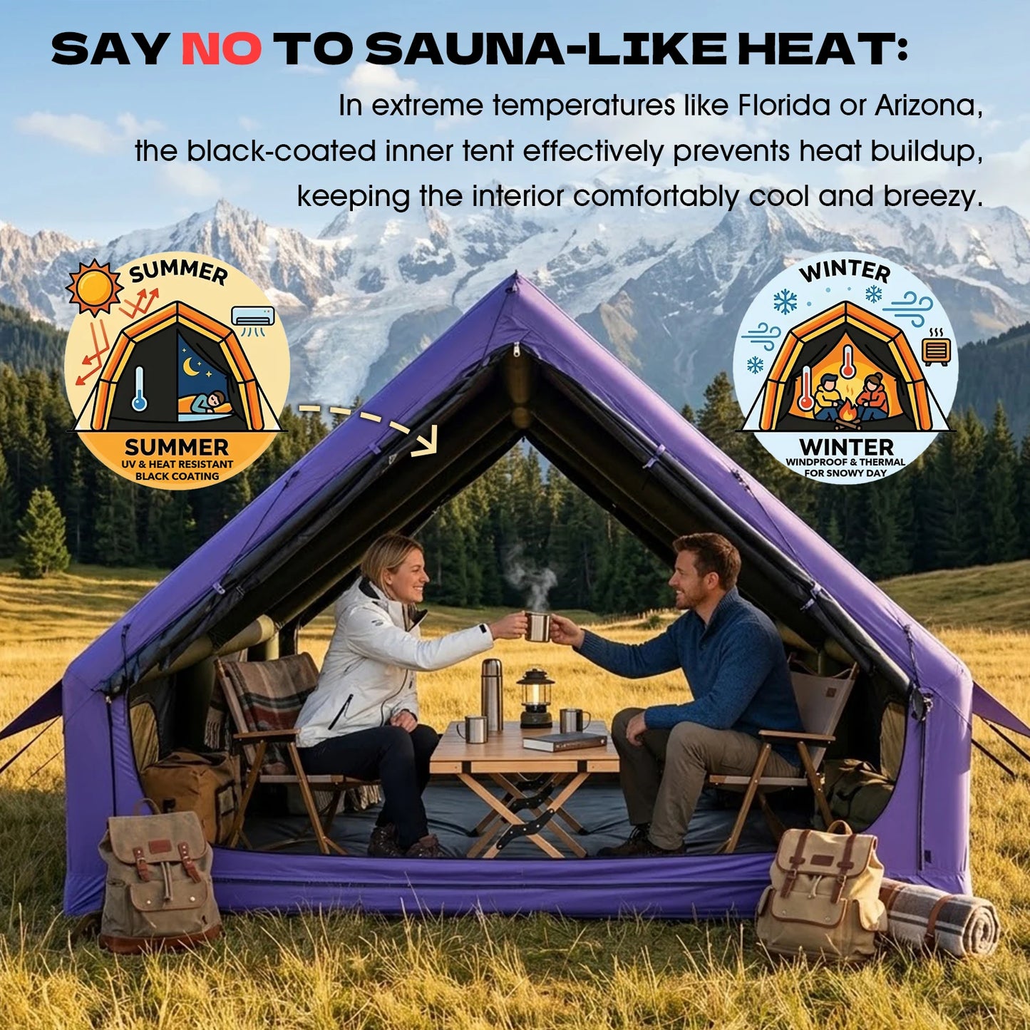 SENLEETO Black-out Inflatable Camping Tent 6-8 Person,Large Sunproof Blow up Tent with Skylight&Mesh Window,Glamping Tent House with Stove Jack AC Vent for Outdoor Camping
