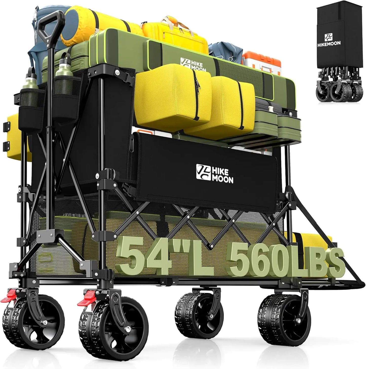 400L Double Decker Wagon with 54" Extra Long Tailgate, 560LBS Heavy Duty Foldable Utility Cart for Beach Camping Sports, Black