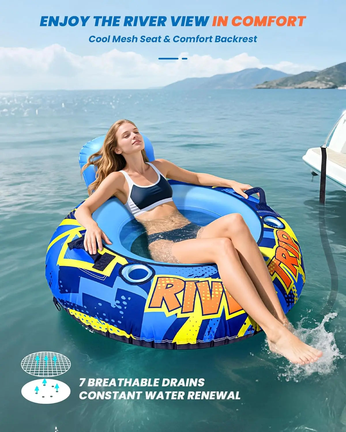 53" Heavy Duty Inflatable River Tube with Canvas Cover, Water Floats for Pool Lake, Rafts with Cup Holders and Grip Handles