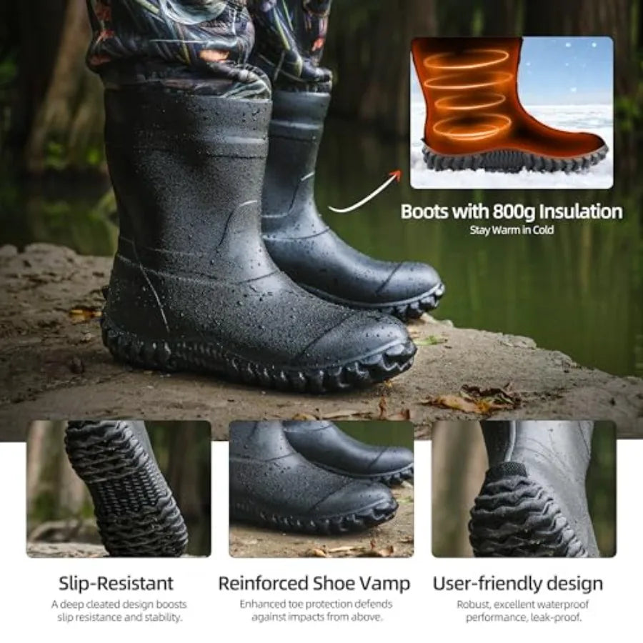 Fishing Waders for Men: Waterproof 4mm Neoprene, Black, 8mm Reinforced Knees 800G Insulation for Cold-Weather Hunting