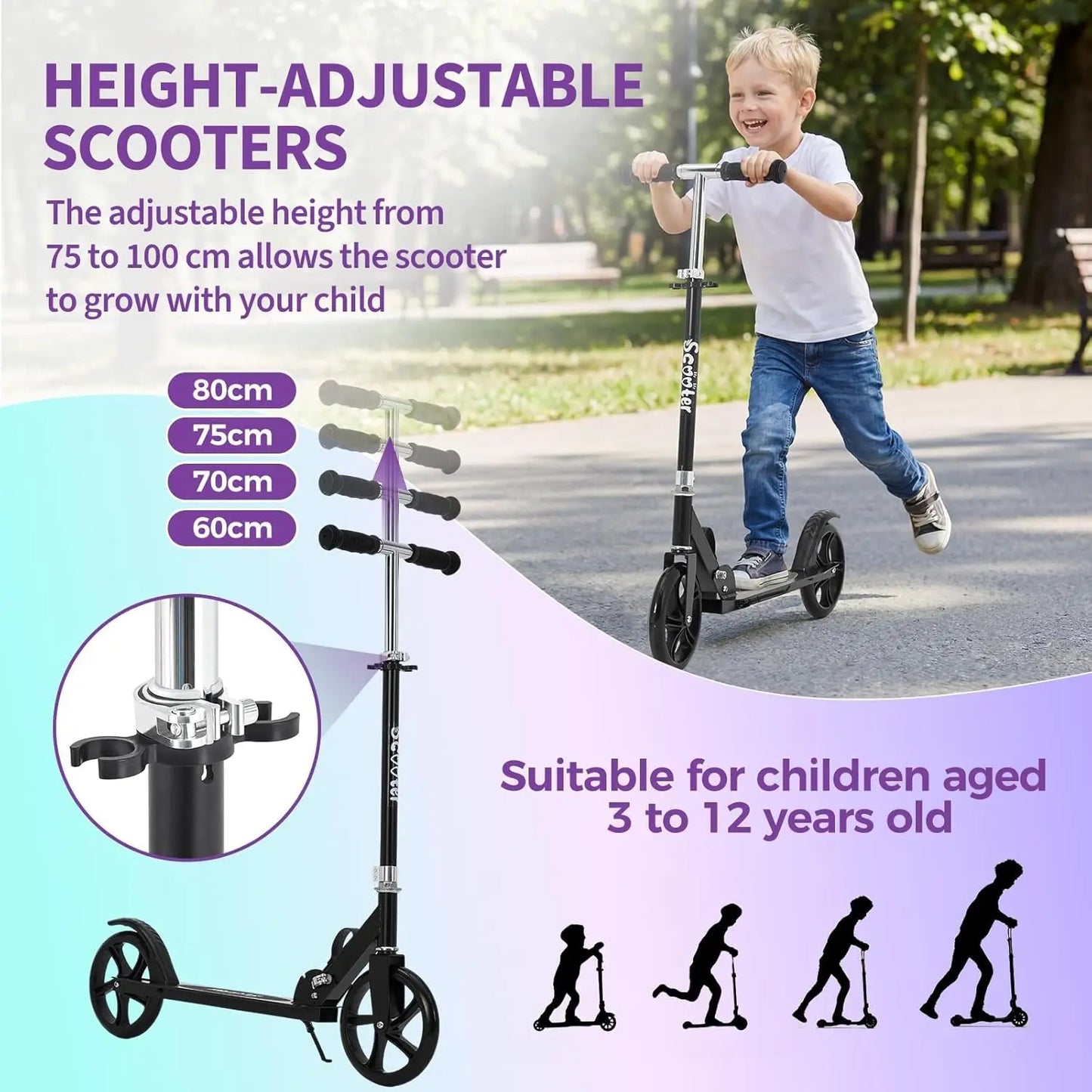 Urban Ride Kick Scooter for Kids Teens & Adults Ages 3-12 Years, Foldable Lightweight Design, Large 2 Wheels, Adjustable Handlebar, Non-Slip Deck & Sturdy Aluminum Frame