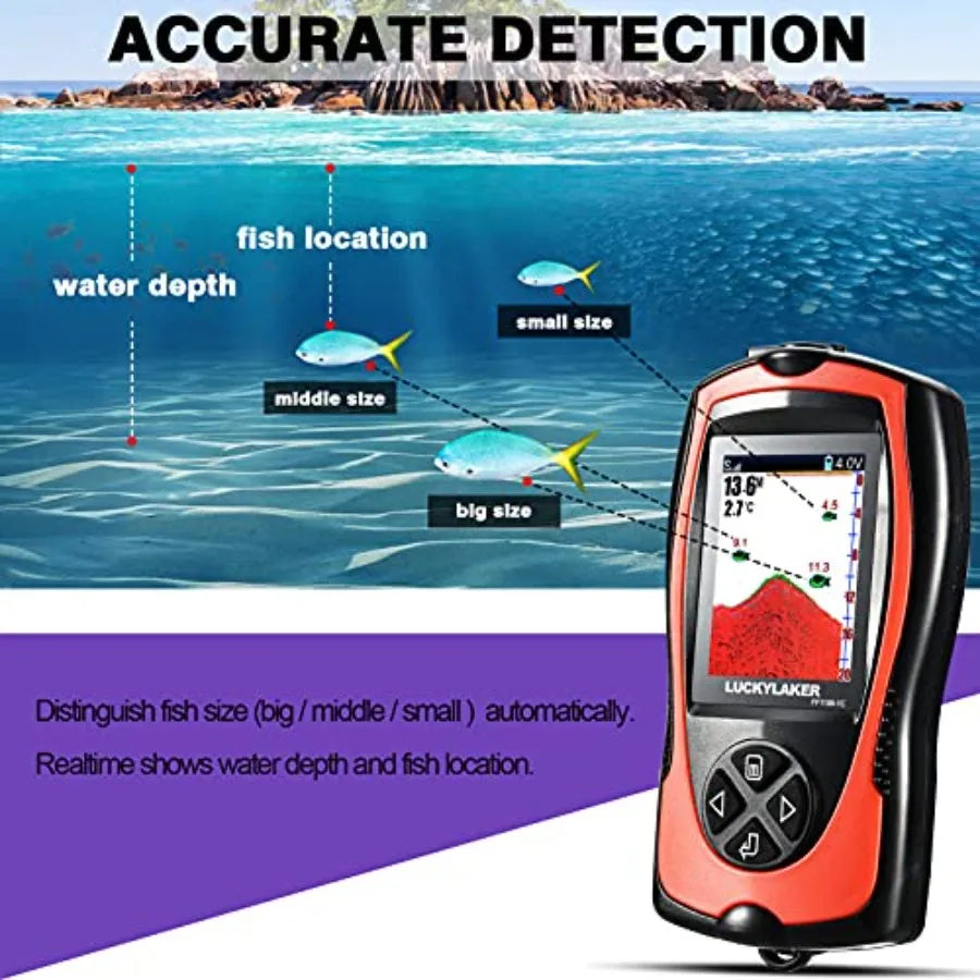 Kayak fishing portable display fish finder with handheld transducer, white ABS plastic housing, 5-inch LCD screen, depth sensin