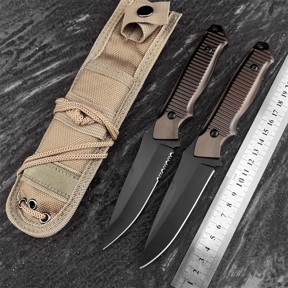 Hiking Knife Durable Black-Coated 440C Blade Aluminum Handle Brown Sheath Jungle Camping Outdoor Adventures Perfect Holiday Gift