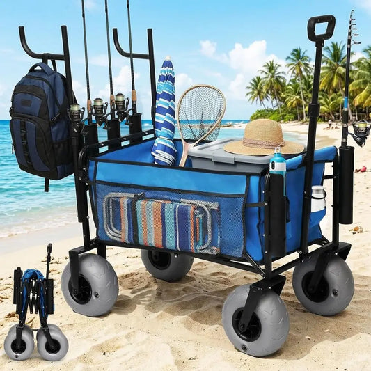 All-Terrain Collapsible Beach Cart with 9 Wheels, Rod Holders, and Side Pockets for Fishing, Camping, and Outdoor Activities