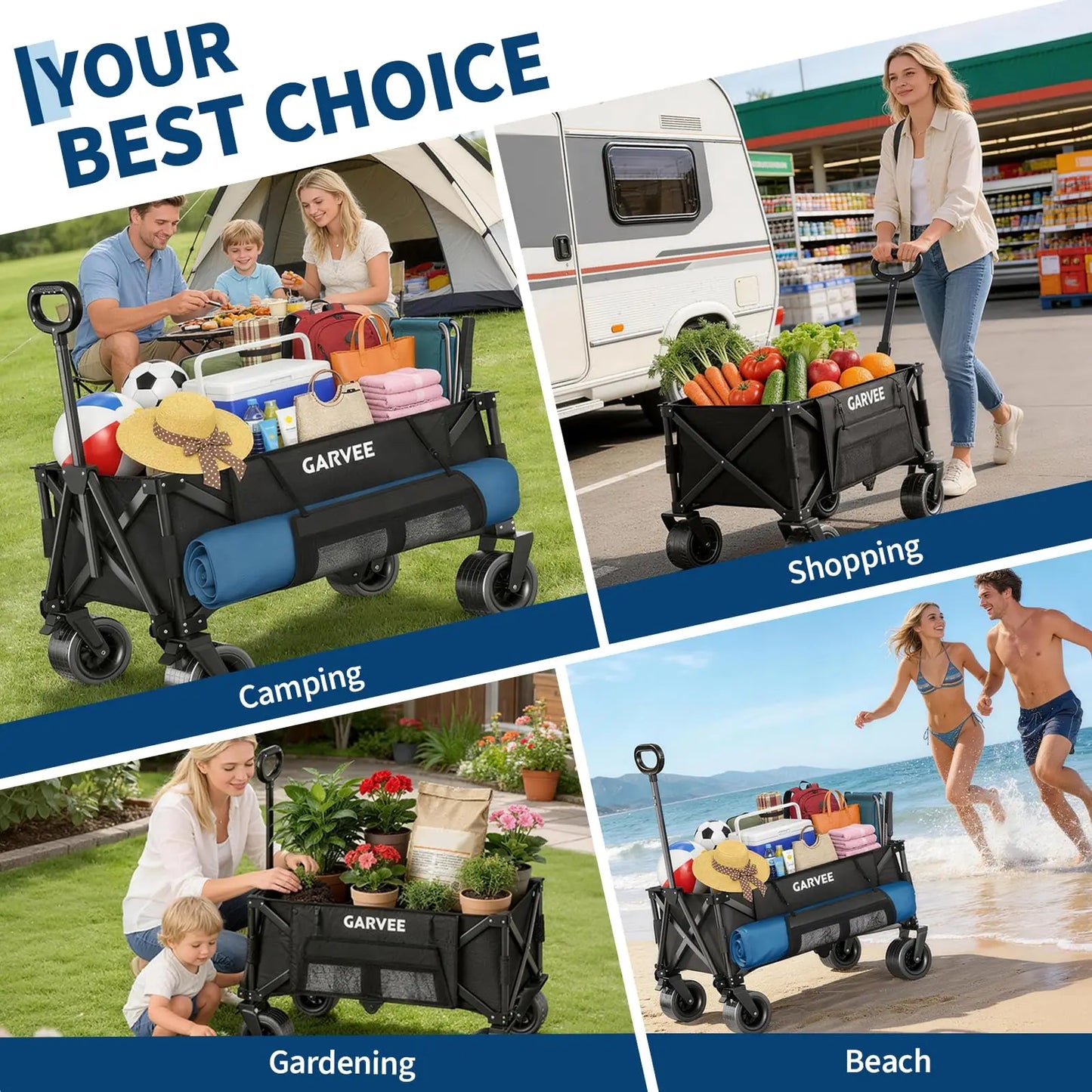 Heavy Duty Foldable Wagon Cart 460lbs 280L With Wide All-Terrain Wheels, Brakes, Cover & Strap For Shopping Camping