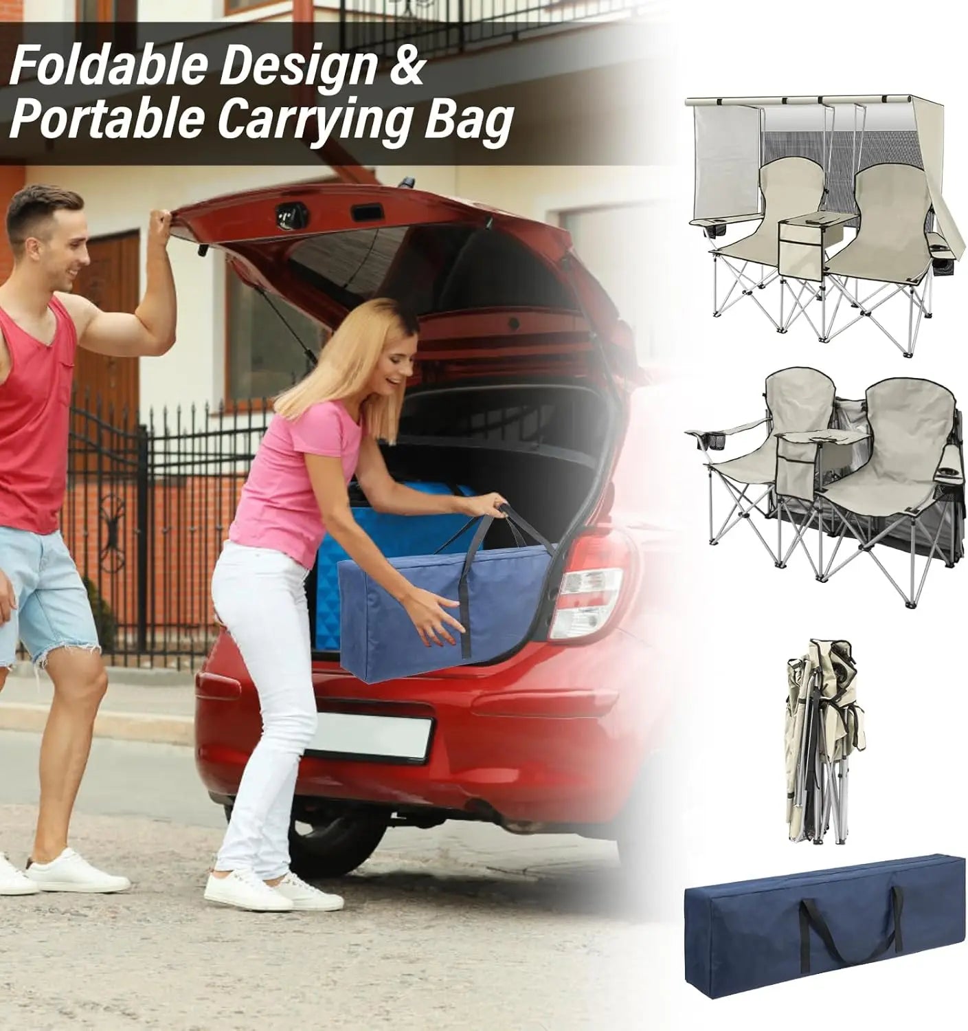 Double Camping Chair with Canopy, Loveseat Camping Chair,Folding Beach Chair with Cup Holder Cooler Bag for Sports Beach Outside