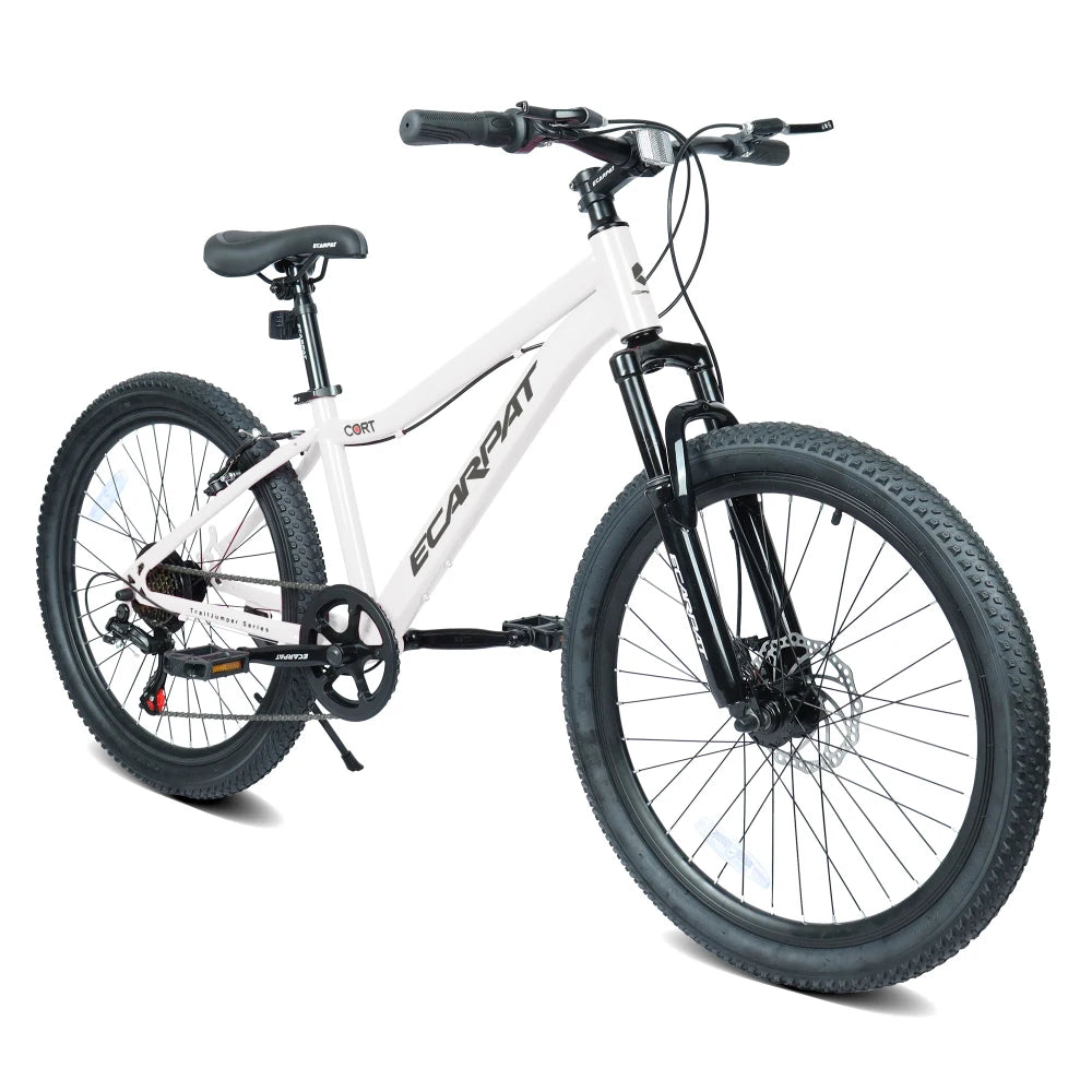 24 Inch Youth Mountain Bike with 7 Speeds & Front Suspension Durable Steel Frame, Alloy Rims & Disc Brakes For Boys and Girls in Multiple Colors