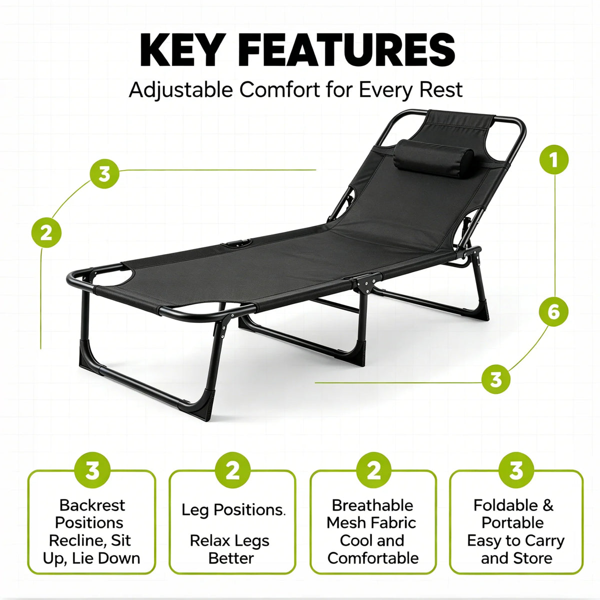 70''L*22''W Folding Camping Lounge Chair Portable Tanning Recliner Chair with Adjustable Backrest and Headrest Pillow Outdoor Sun Lounger for Beach Pool Patio Office Nap