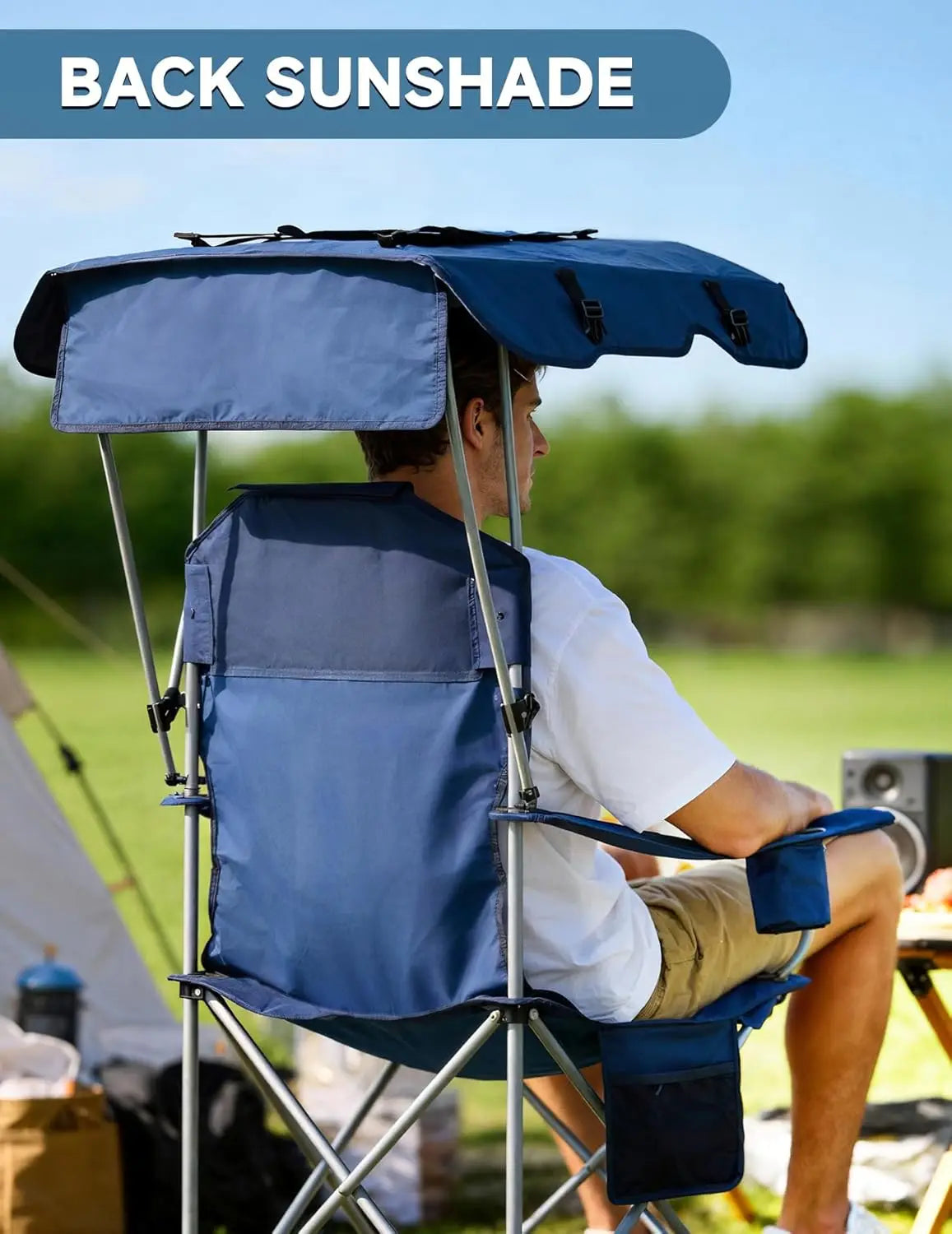 25" High Back Folding Beach Chair with Canopy Shade, Cup Holder, Side Pocket, 330 lbs Heavy Duty for Outdoors