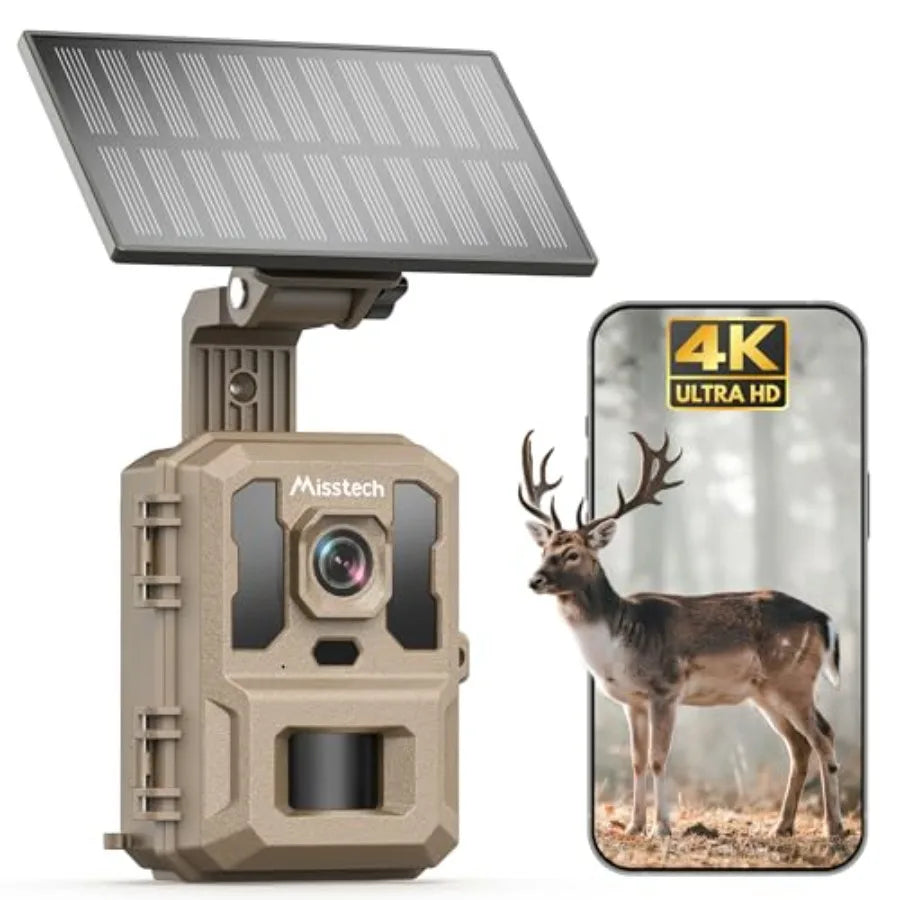 Game wildlife monitoring trail camera: solar-powered, 4K UHD, 64MP, 0.1s activation, IP66 waterproof, black, no monthly fee, ap