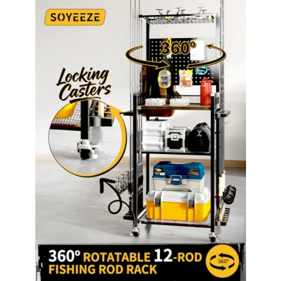 Fishing Rod Holder Rotating Fishing Pole Holders for Garage 12- Rod Storage Cart with Pegboard for Fishing Gear Equipment and T