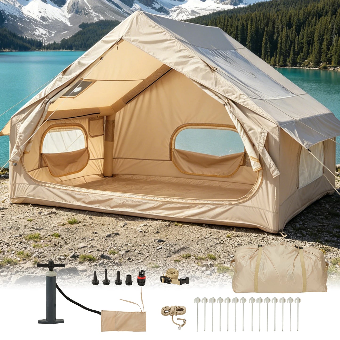 Spacious & Waterproof Inflatable Camping Tent – Family Outdoor Shelter for 6 – Quick Setup, Durable Oxford Fabric, Portable for Hiking & Camping – Size: 6 Square