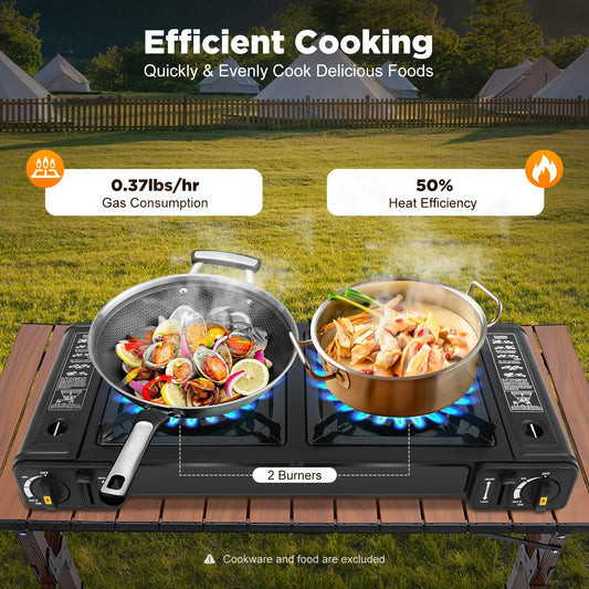 Double Head Camping Stove with Carrying Case Outdoor Travel Cooker Burner Camping Frying Pan Barbecue Cooking Stove 64*27.8*8cm