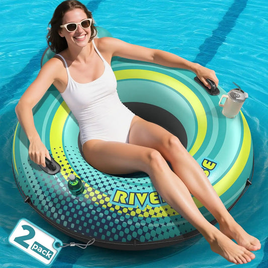 2-Pack 53" Heavy-Duty River Tubes for Adults, Inflatable Raft with Cup Holders, Backrest, Handles & Grab Rope, 360Lb Capacity