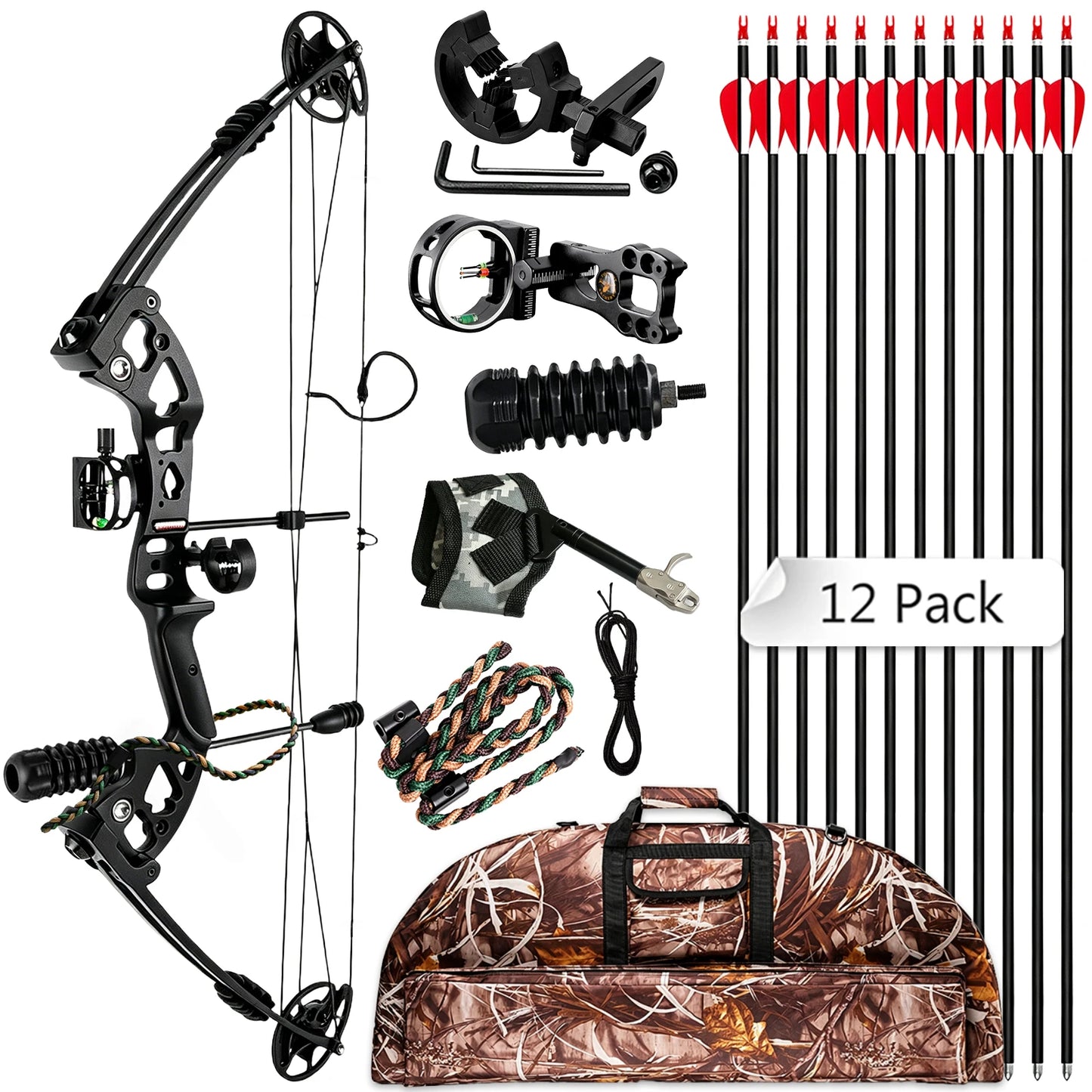 Right Hand Compound Bow Shooting Archery Set for Adults 19-30" Draw 30-60lbs w/ 3-Pin Lighted Sight, Quiver, Stabilizer & 12 Arrows, Fully Complete Accessories Archery Set Adjustable for Beginners & Intermediate Archers