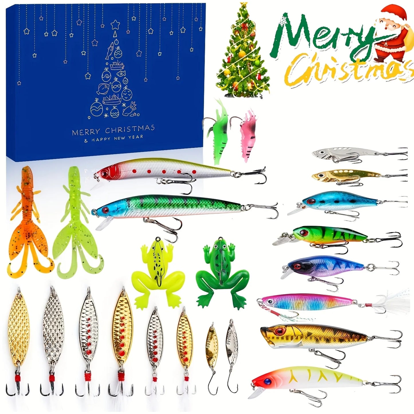 Fishing Lures, Fake Bait Set, 24-Compartment Design, 2025 Christmas Gift Calendar for Boys and Girls, 24-Day Christmas Countdown Calendar Hook Blind Box