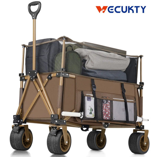 Collapsible Camping Beach Wagon, 350L Garden Cart, Heavy Duty Utility Fold Wagon with Big Wheel & Side Pickets for Garden