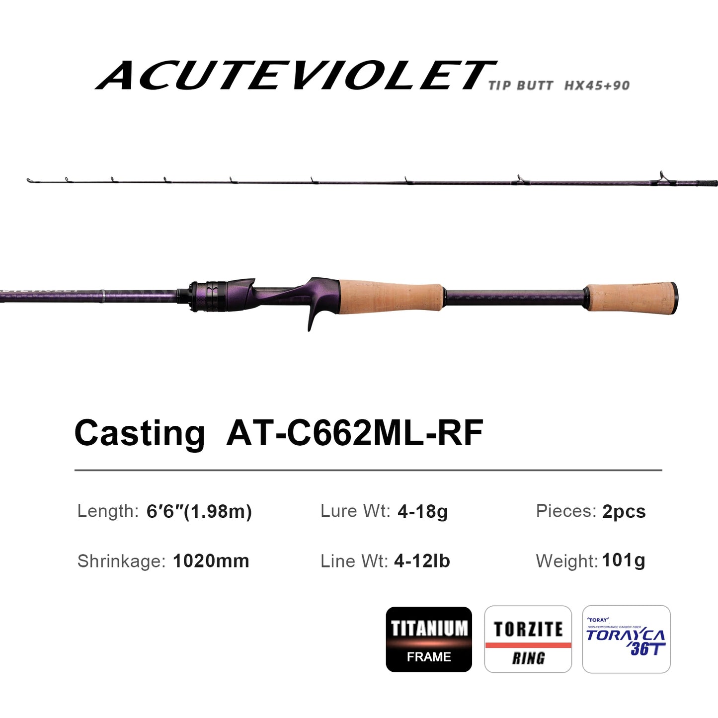 PURELURE ACUTEVIOLET Bass Fishing Rod Spinning Baitcasting Rod  36T Carbon Fiber Jerkbait Rod 2 Piece Regular Fast Action Titanium Frame Guide with Torzite Ring Carbon Reel Seat