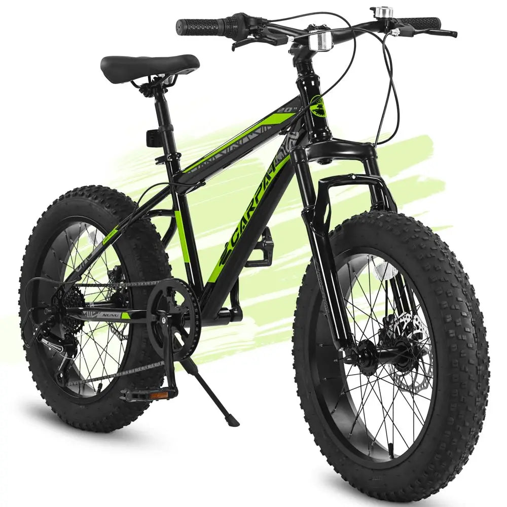 20 Inch Kids Teenagers Mountain Bike, High Carbon Steel Frame, Front Suspension & 7-Speed Drivetrain, Front & Rear Disc Brakes, Wear-Resistant Wide Tires for Off-Road & Snow Riding