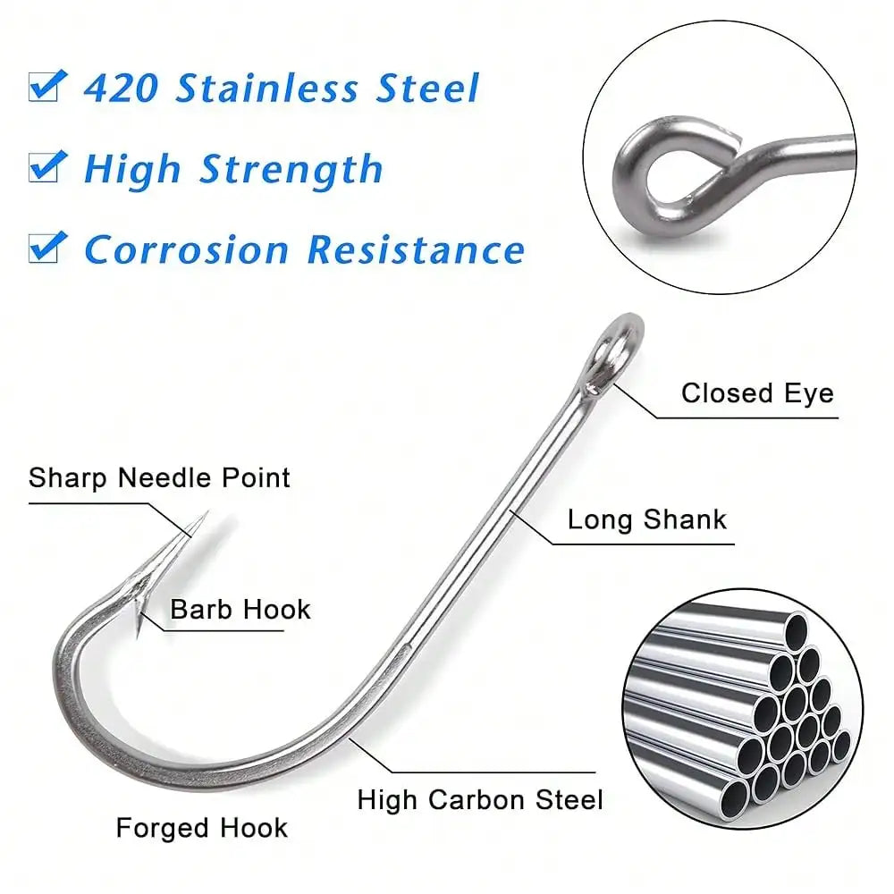 Saltwater Fishing J Hooks Kit,110pcs O'shaughnessy Forged Hooks Long Shank Stainless Steel J Fishing Hooks Set Trolling Sea Bass Fishhooks For Saltwater Freshwater