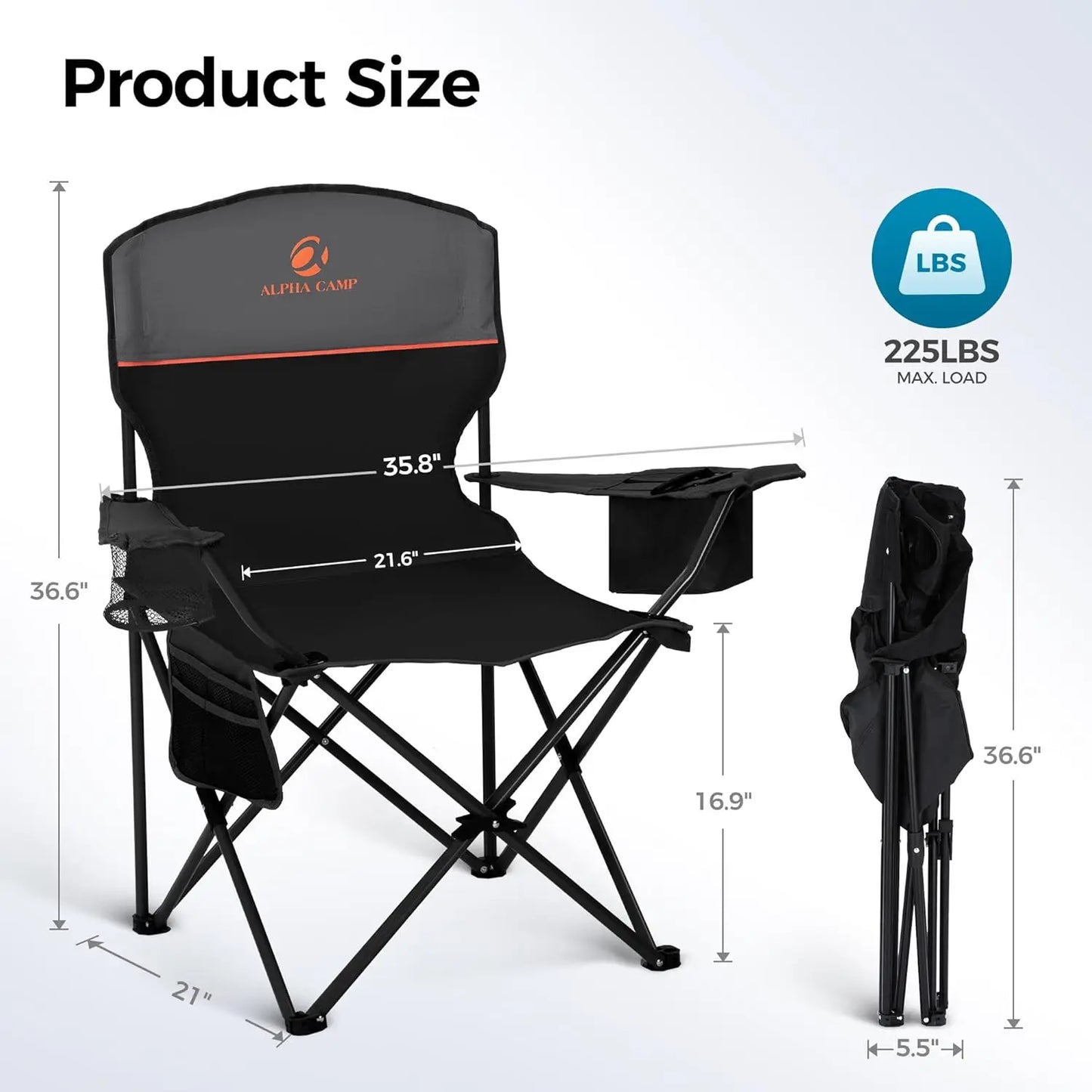Camping Chair 2 Pack Portable Chair with 3-Can Cooler Folding Chair with Side Pocket and Cup Holder