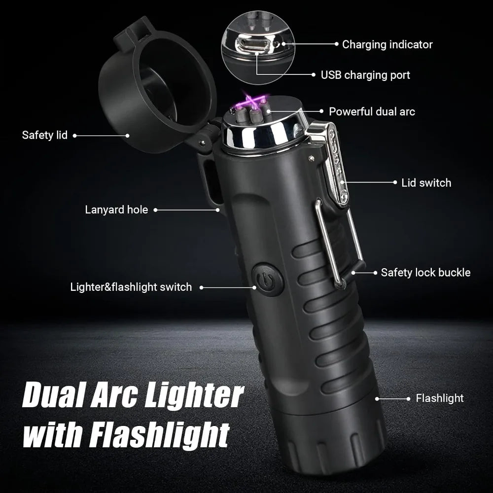 2-in-1 Plasma Lighter & LED Flashlight with 5-in-1 Fire Starter for Camping, Hiking, Survival