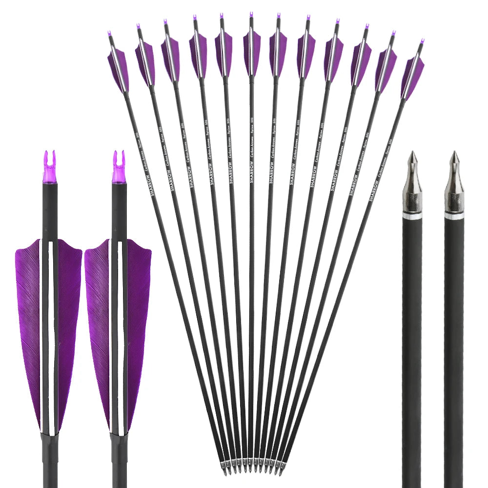 Spine500 Archery Mixed Carbon Arrows ID6.2mm OD7.8mm Shaft 100 Gr Arrowheads 4"Turkey Feather Archery Bow Hunting Shooting 12pcs