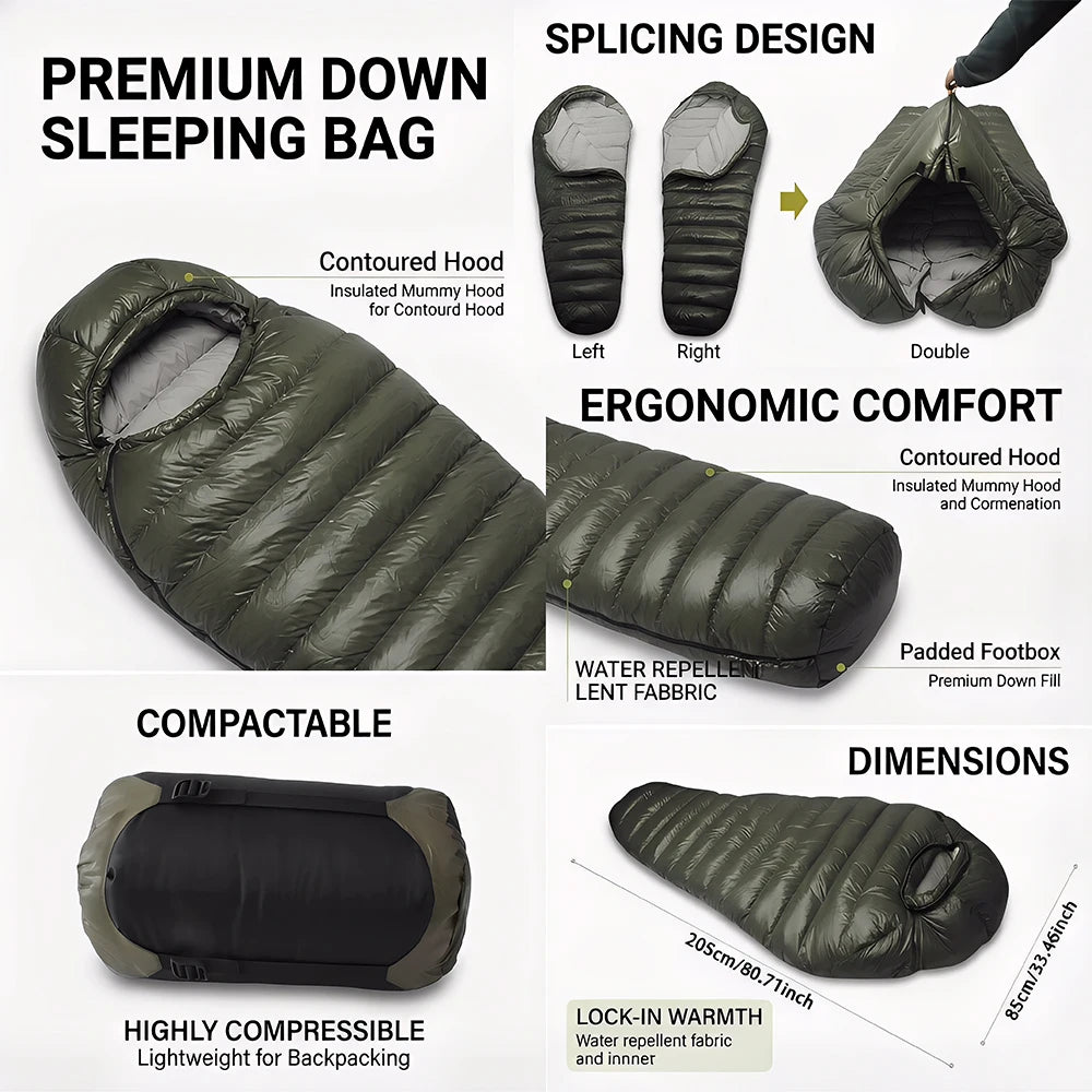 Kamperbox AM1000 Sleeping Bag 1000g Grey Down Filling 20D Nylon Shell Polyester Pongee Lining Portable Warm Camping Sleeping Bag for Outdoor Travel
