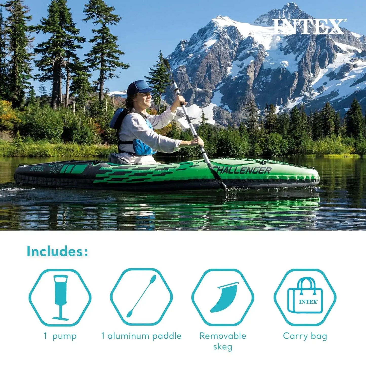 Challenger K1 1 Person Durable Vinyl Streamline Sporty Kayak with Inflatable Seat and Backrest, Oar, Pump, Carrying, Custom