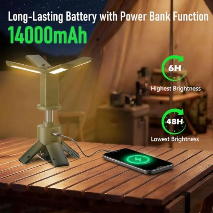 Telescopic Camping Lights with Stand, 14000mAh Rechargeable Camping Lantern with Display, Hook and IPX5 Waterproof, Outdoor Por
