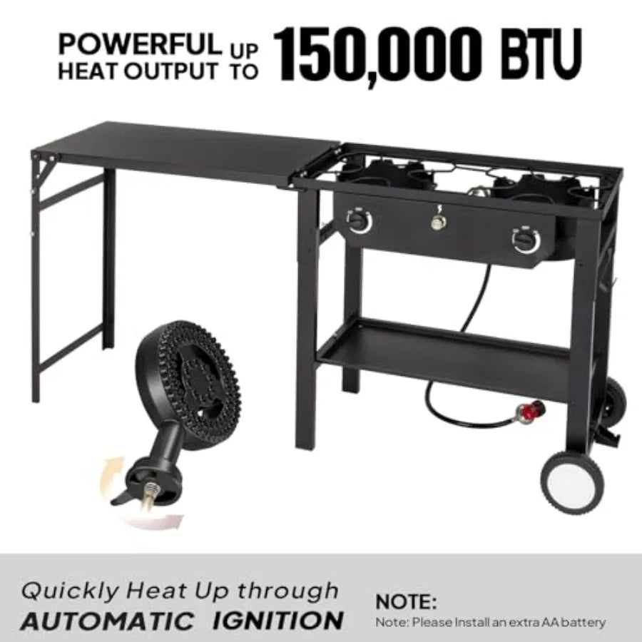 Outdoor propane stove for backyard patio cooking BBQ, stainless steel, black, 150, 000 BTU with auto ignition, work station, wh
