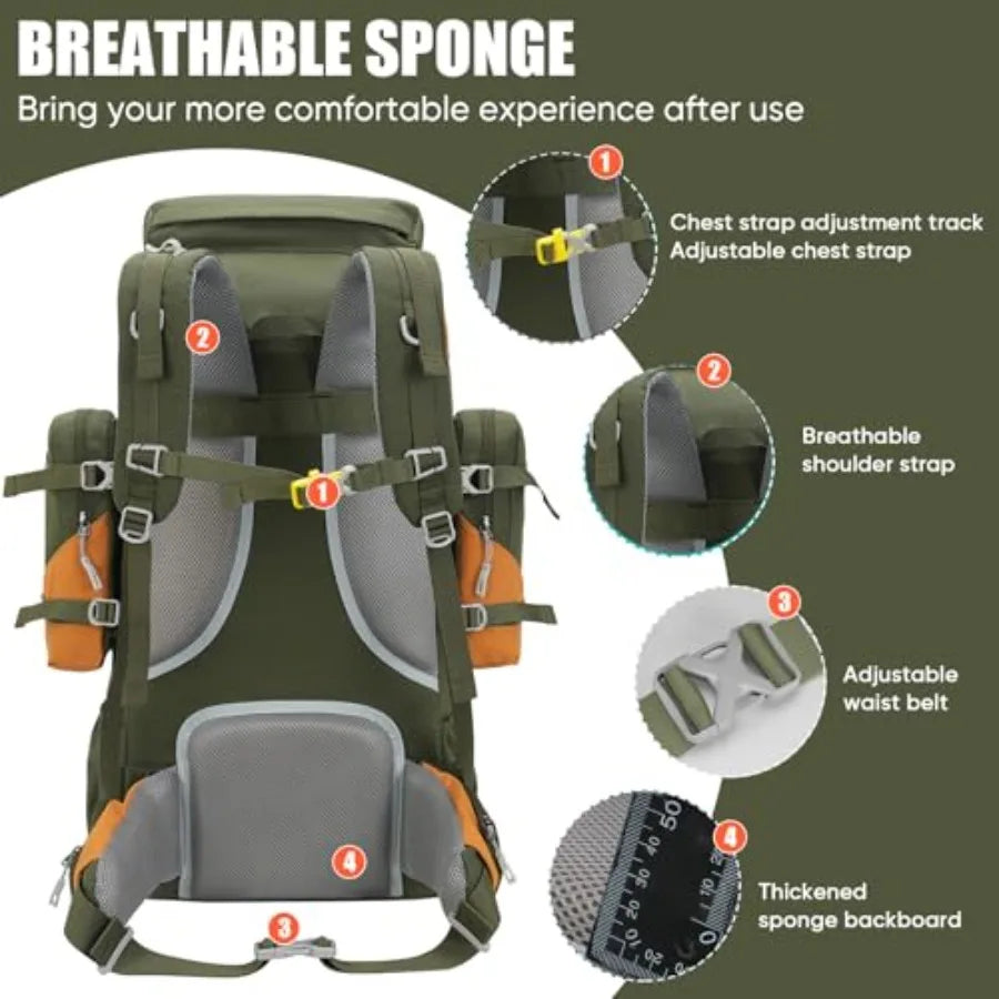 70L 65+5 Waterproof Hiking Camping Backpack with Rain Cover, Outdoor Sport Travel Daypack for Climbing Touring