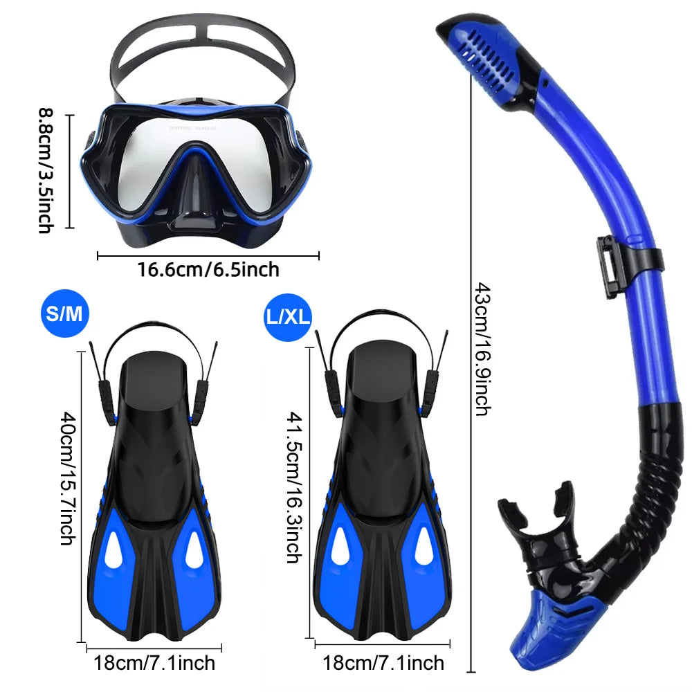 Mask Fin Snorkel Set Snorkel Gear for Adult Panoramic View Snorkel Mask Adjustable Dive Flipper Dry Top Snorkel and Travel Bag