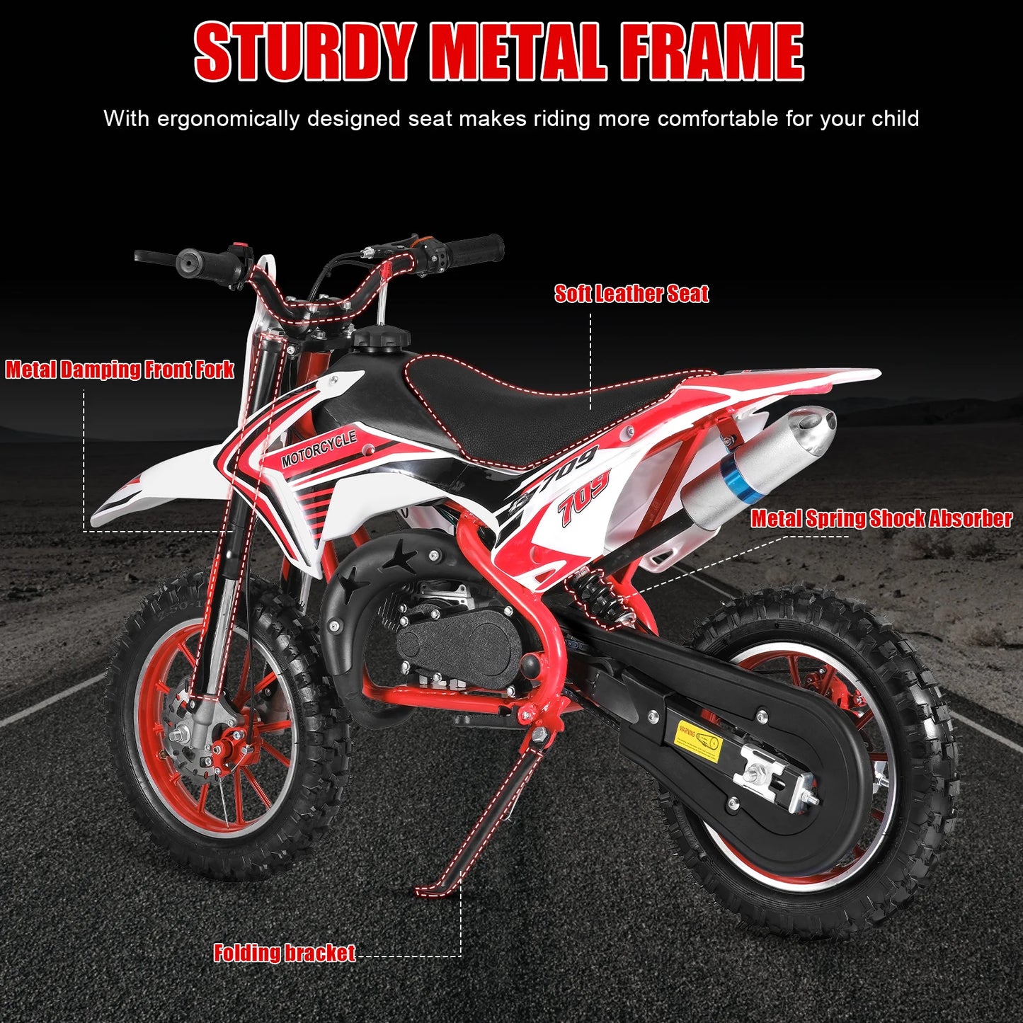 49cc 2-Stroke Dirt Bike, Gas Power Motocross, Off Road Mini Motorcycle with Front Rear Disc Brakes, Max Speed 30KM/H (Red)