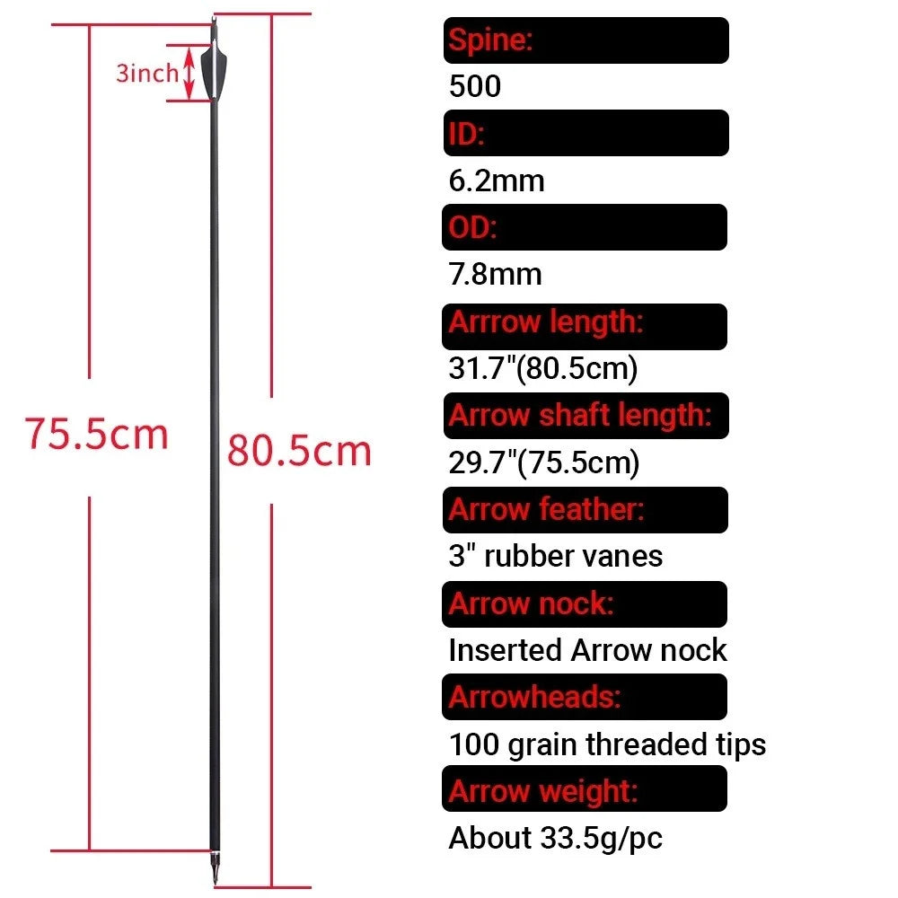 12pcs Archery Carbon Arrow SP500 Mixed Carbon 3 Inch Rubber Feather 100Grain Target Point for Compound Bow Shooting Hunting Acc