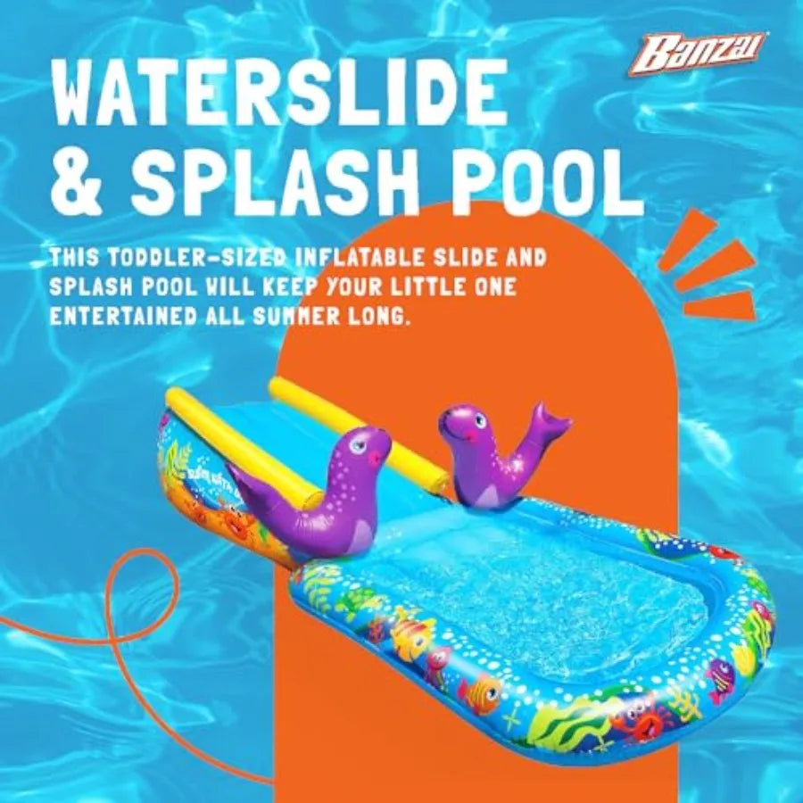 My First Water Slide for Outdoor Pool Inflatable Water Park with Blue and Yellow Design Durable PVC Material Easy to Set Up and