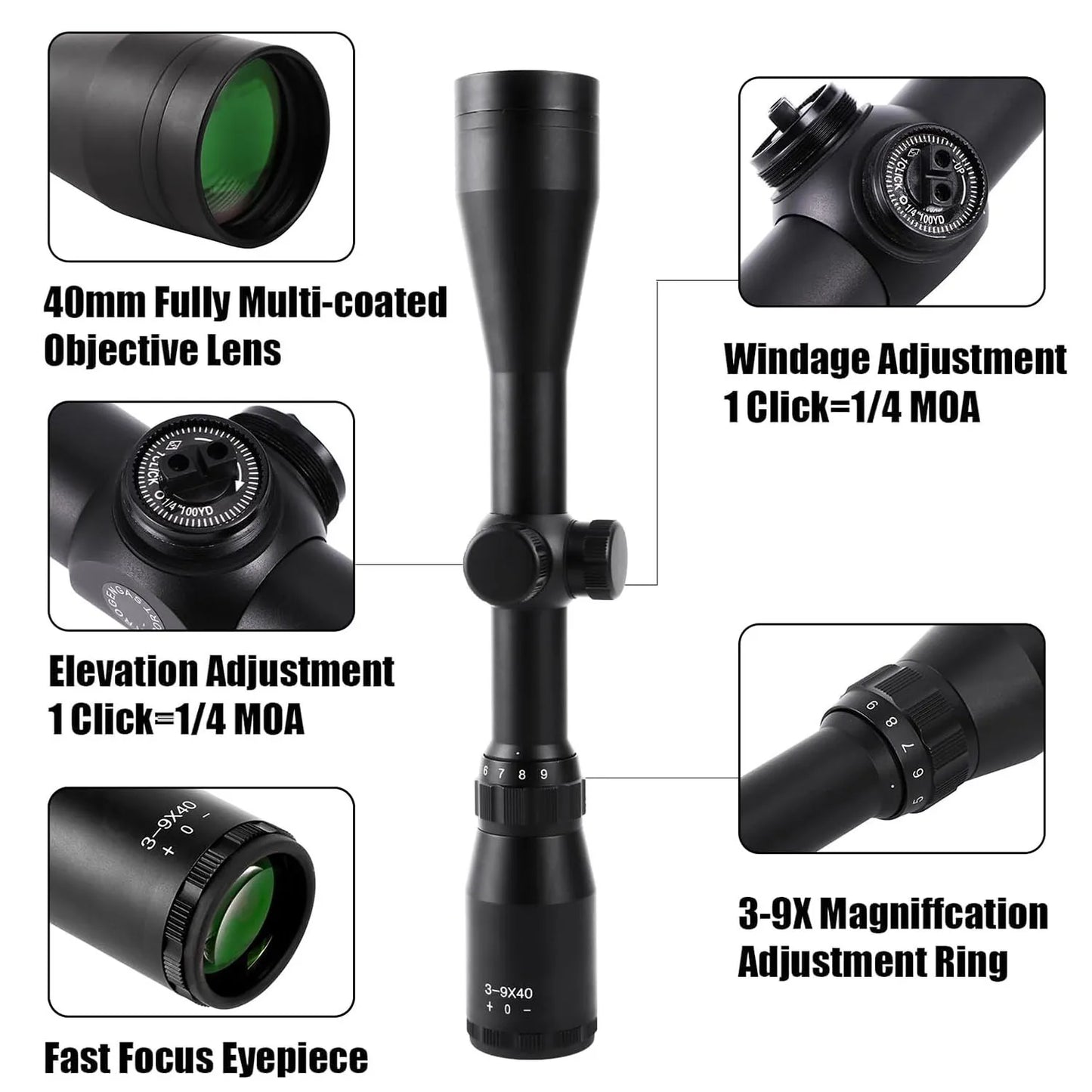 3-9x40 High-Precision Rifle Scope - Red/Green Reticle, 5-Level Illumination, 20mm Rail Fit, Durable Construction, Water-Resistan